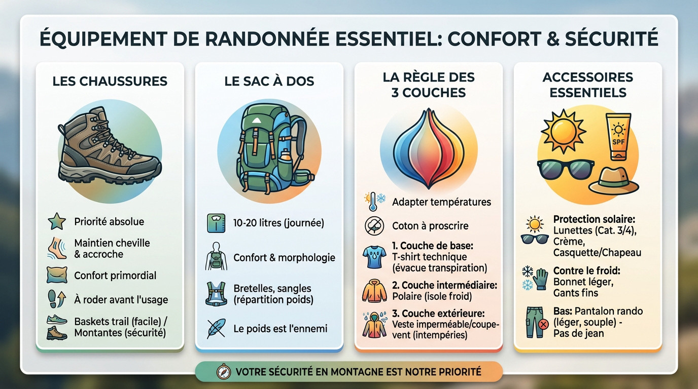 Équipement de randonnée essentiel comprenant chaussures, sac à dos et vêtements techniques posés sur un rocher en montagne