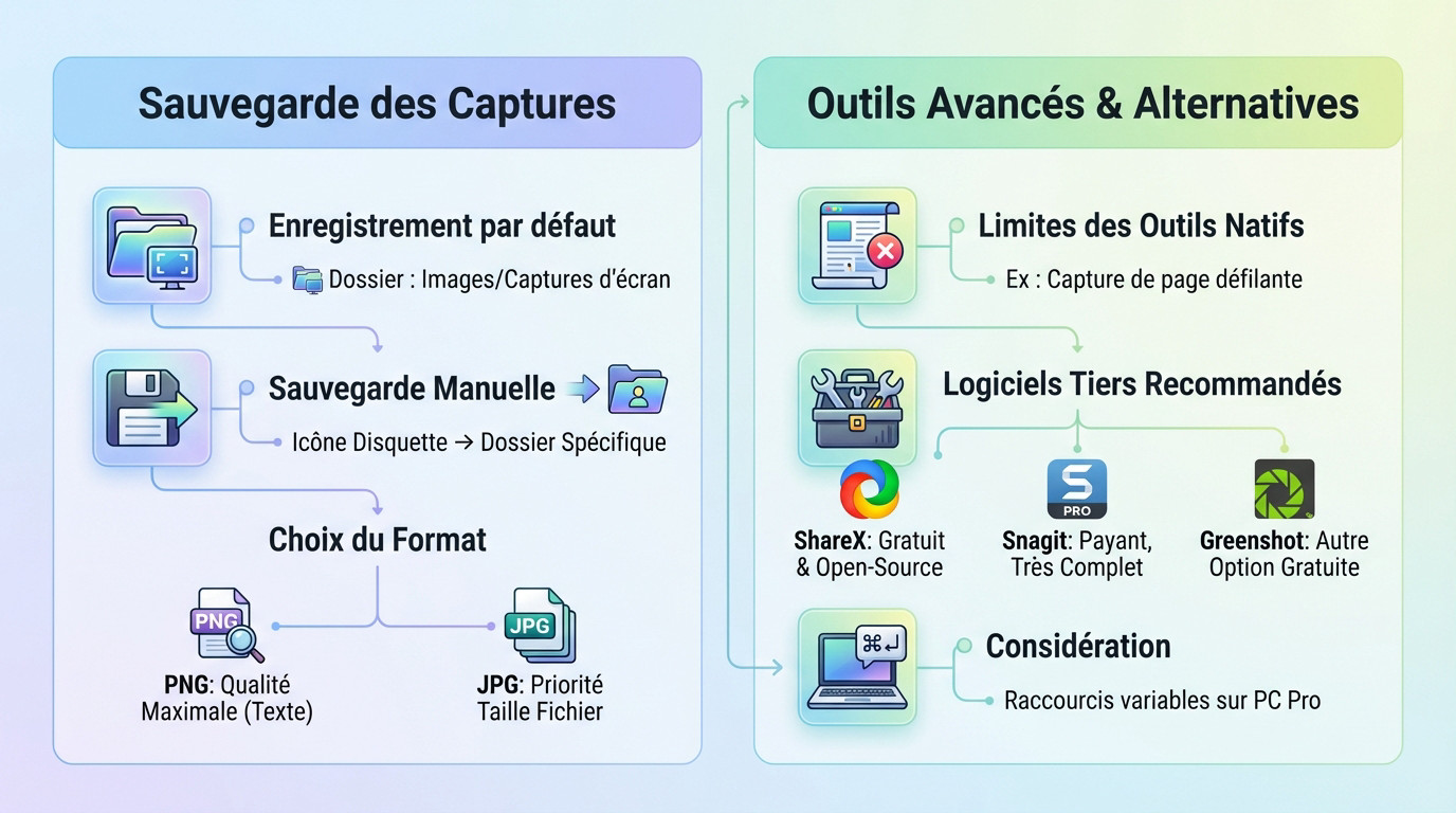 Interface de sauvegarde Windows montrant les options de dossiers et formats