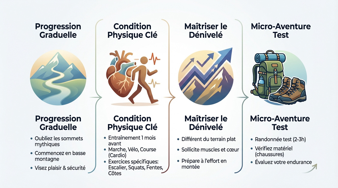 Randonneur débutant observant le paysage montagneux, équipé d'un sac à dos et de chaussures de marche adaptées pour sa première sortie
