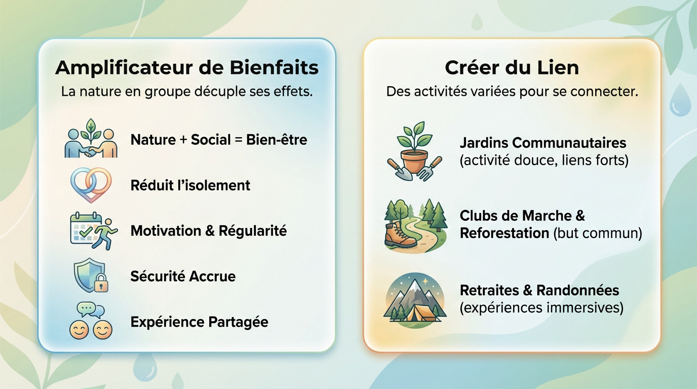 Groupe de personnes profitant d'une activité en nature pour renforcer le lien social et réduire le stress