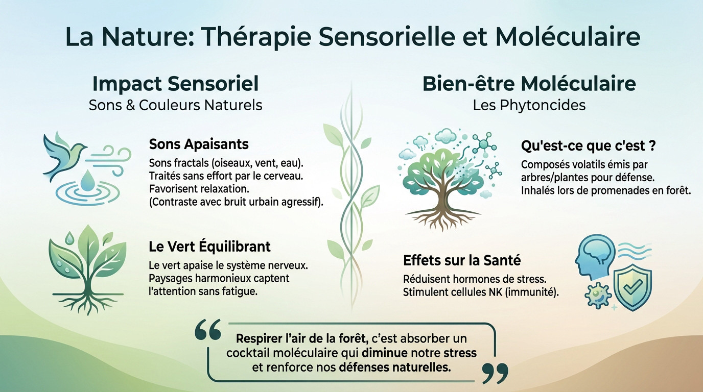 Femme profitant d'un bain de forêt pour réduire son stress grâce aux sens et aux phytoncides