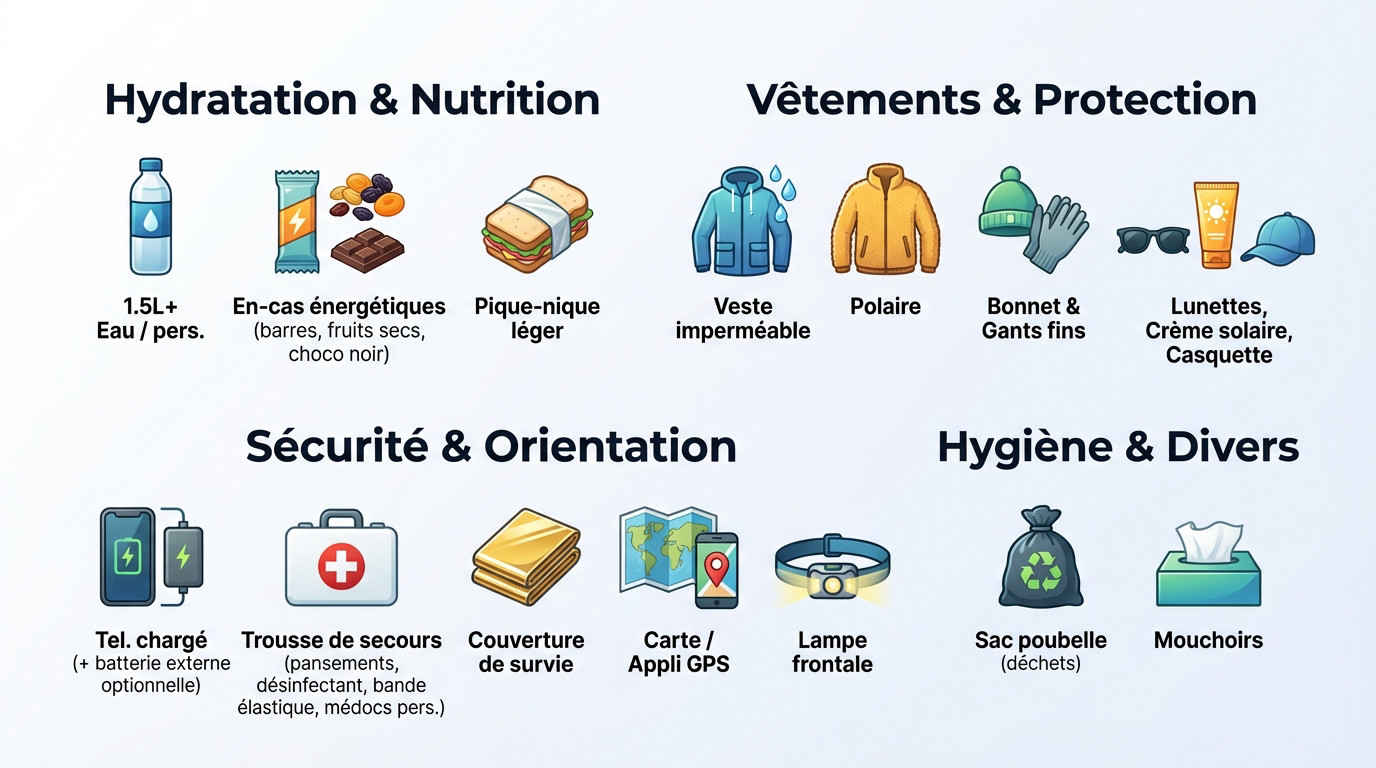 Équipement indispensable étalé pour préparer un sac de randonnée : gourde, chaussures, vêtements et trousse de secours