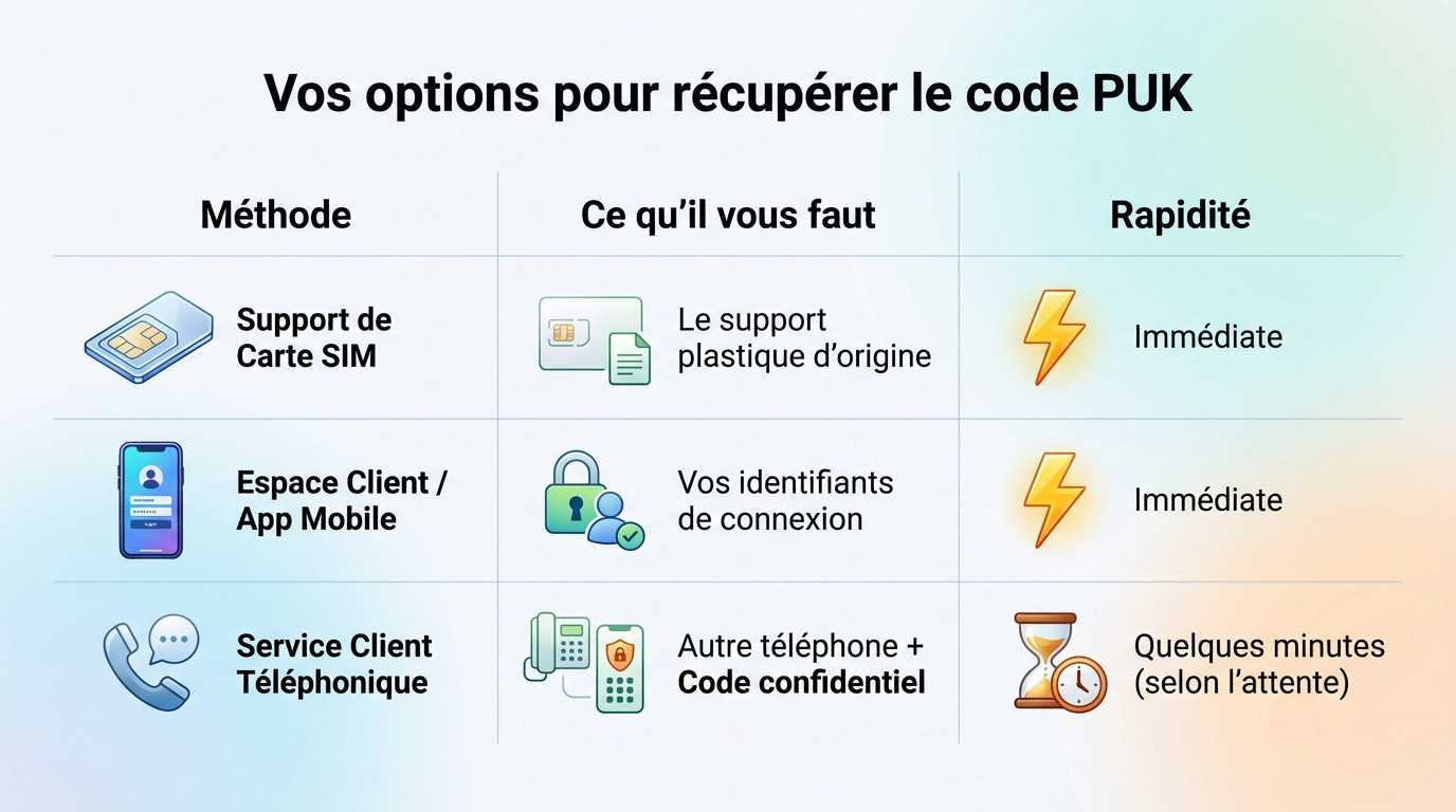 Tableau récapitulatif des options pour récupérer le code PUK : support SIM, espace client ou service client