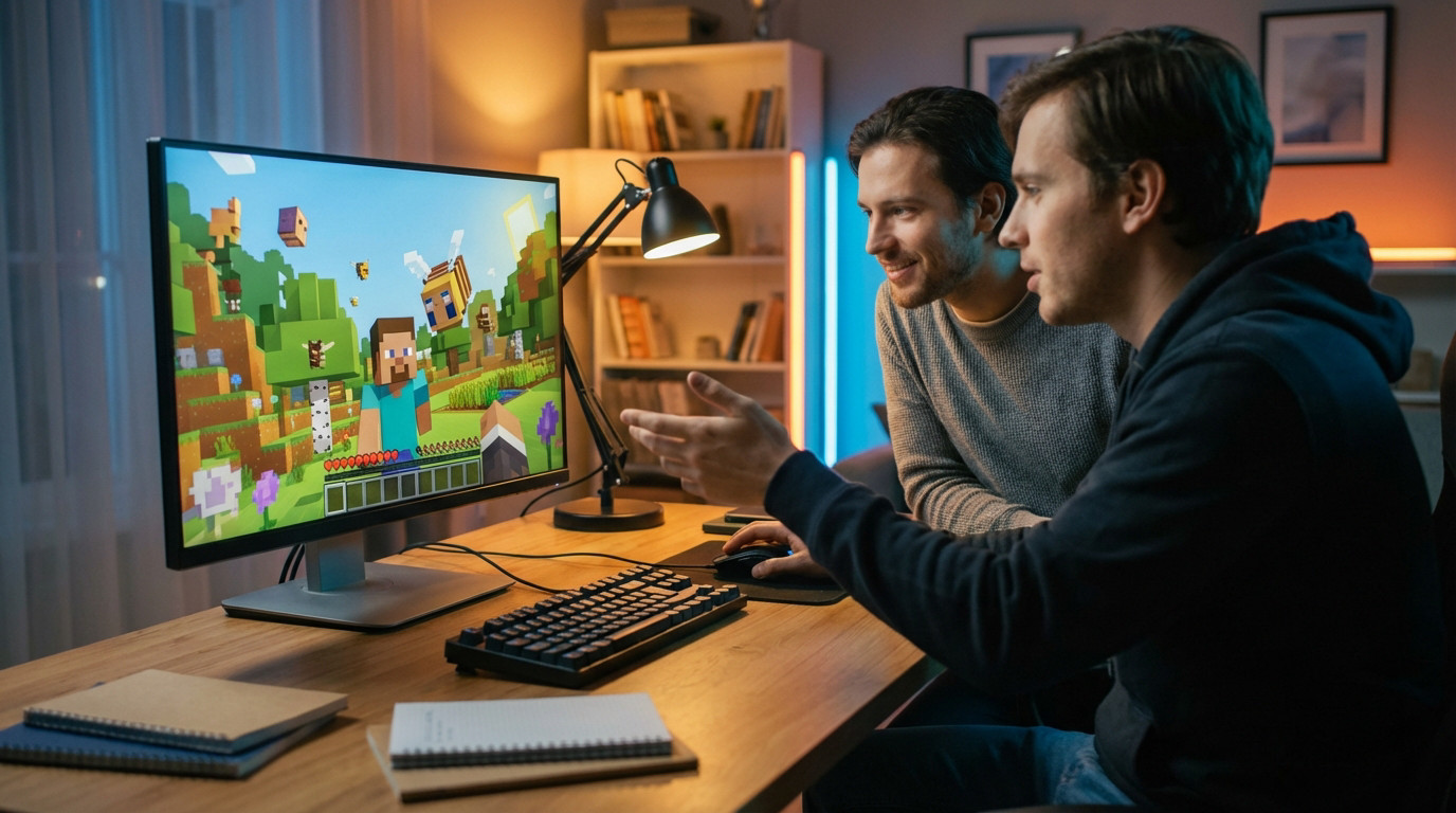 Two men collaborate on a Minecraft server, one gesturing at the vibrant custom world on a monitor, the other watching enthusiastically. Cozy gaming setup.