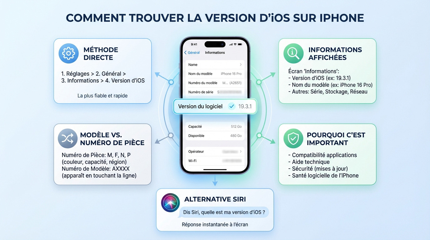 Interface des réglages iPhone affichant la version du logiciel iOS dans le menu Informations