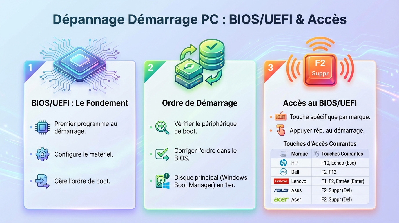 Tableau récapitulatif des touches pour accéder au BIOS et forcer le démarrage d'un ordinateur portable