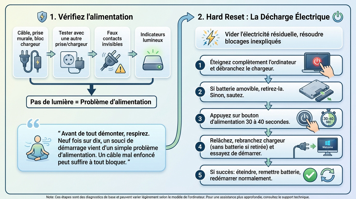 Vérification des câbles pour forcer le démarrage d'un ordinateur portable