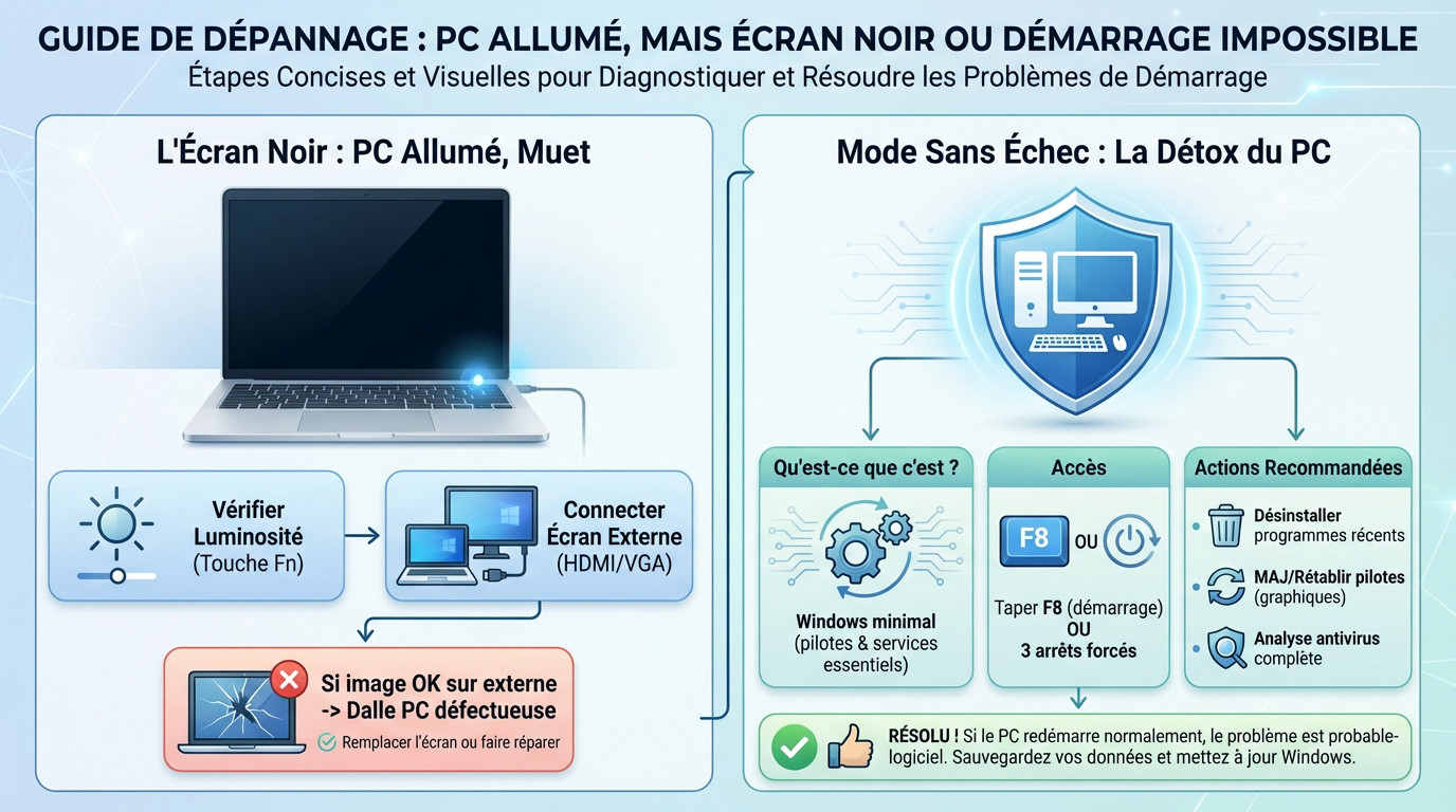 Ordinateur portable écran noir avec voyants allumés diagnostic panne