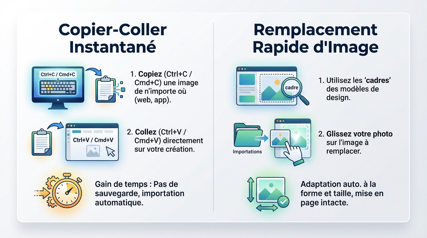 Illustration montrant le raccourci copier-coller et le glisser-déposer dans un cadre sur Canva