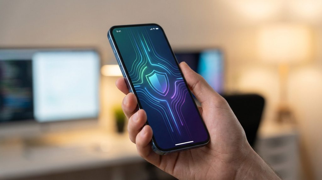 Close-up of a hand holding a smartphone with a vibrant blue and purple shield icon and flowing digital lines on the screen, blurred tech background.