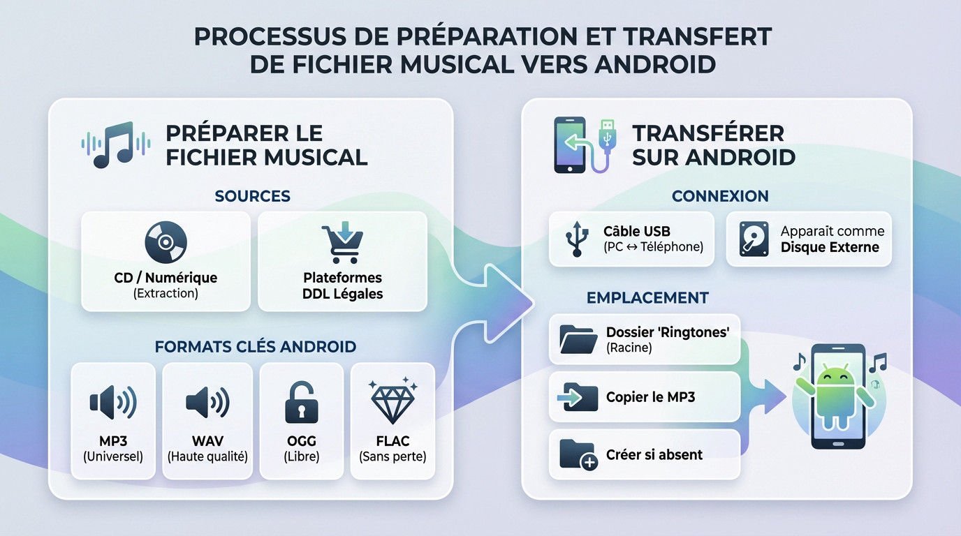 Guide visuel montrant le transfert de fichier MP3 vers le dossier Ringtones d'Android