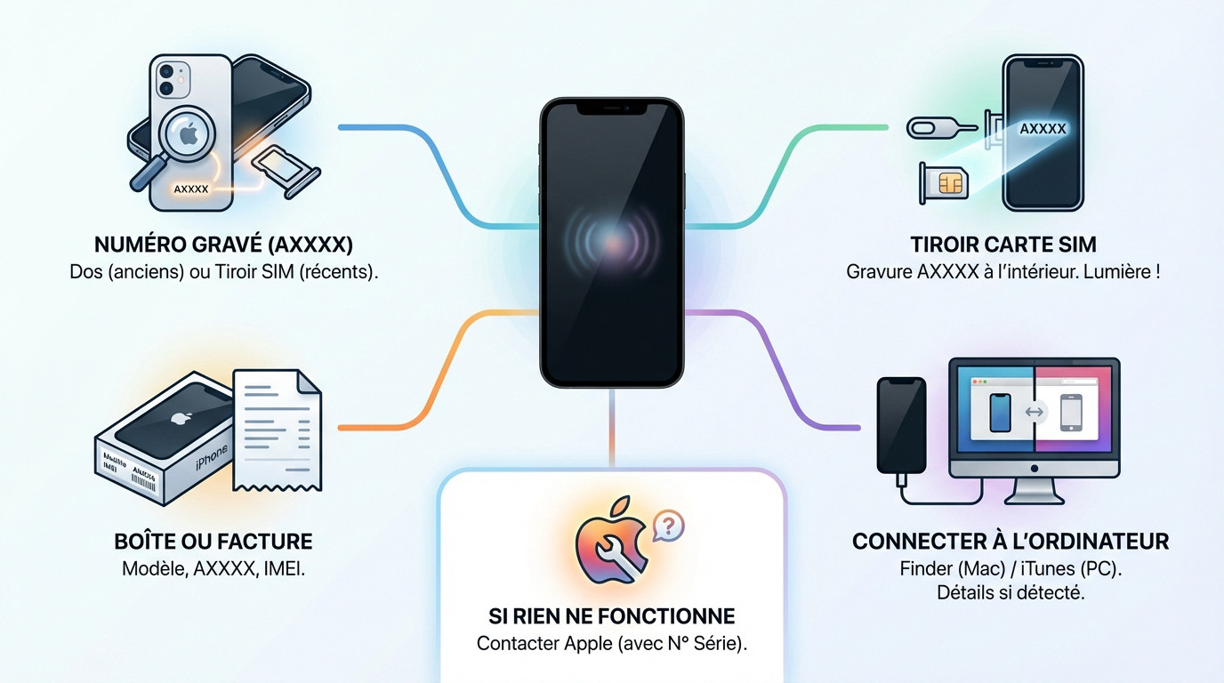 Identification modèle iPhone éteint via le numéro gravé et le tiroir SIM