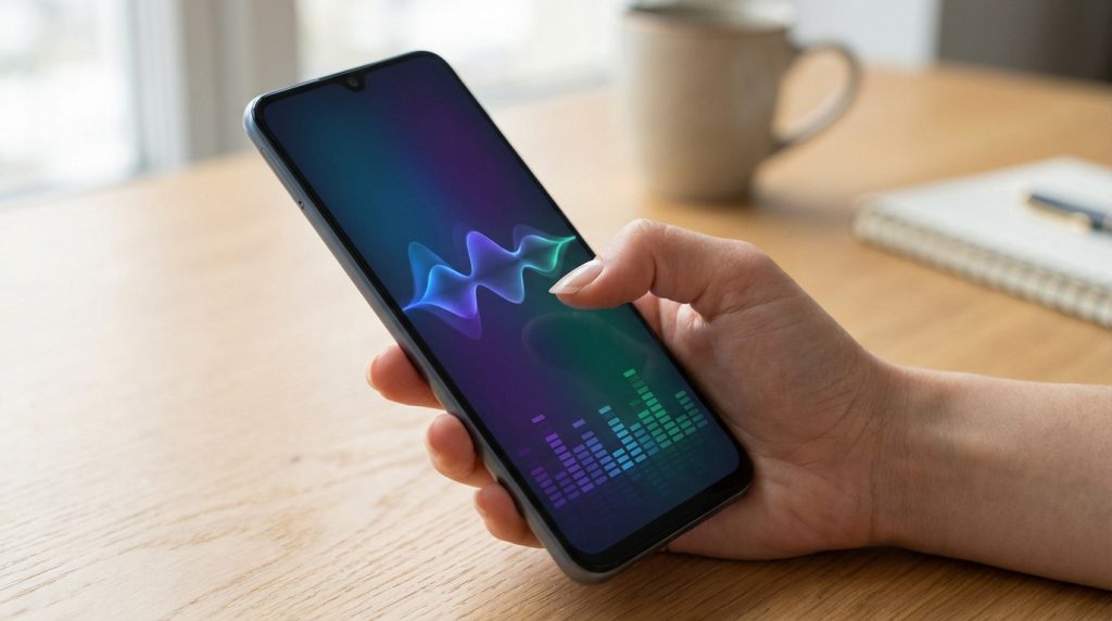 A generic hand interacts with a modern smartphone displaying a vibrant blue, purple, and green sound wave equalizer graphic on a blurred wooden desk.