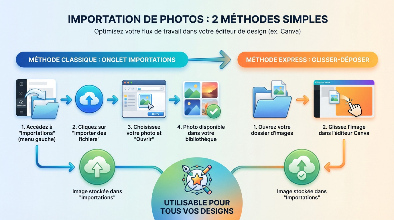 Interface Canva montrant l'onglet importations pour ajouter une photo