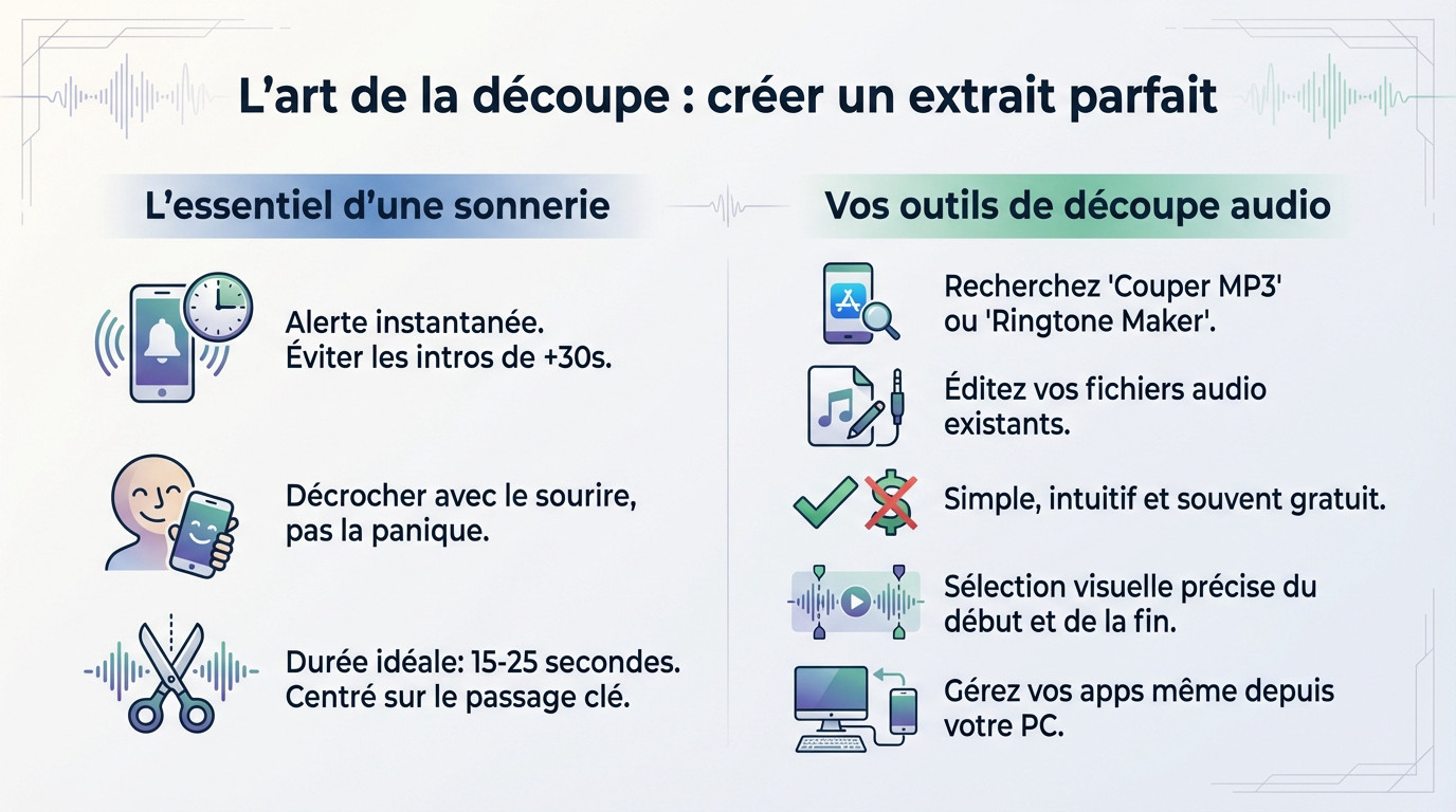 Illustration d'une onde sonore découpée sur un smartphone Android pour créer une sonnerie parfaite