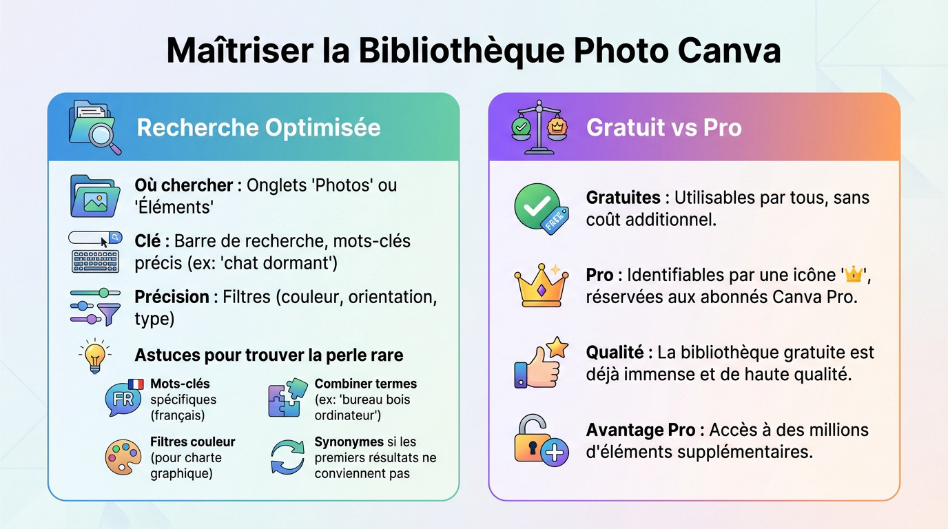 Interface de Canva montrant la bibliothèque de photos et la barre de recherche avec des filtres