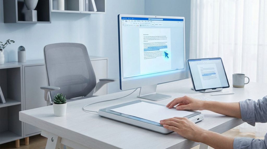 Hands scan a document on a flatbed scanner. A monitor and tablet display the digitized, editable text in a clean, modern office.