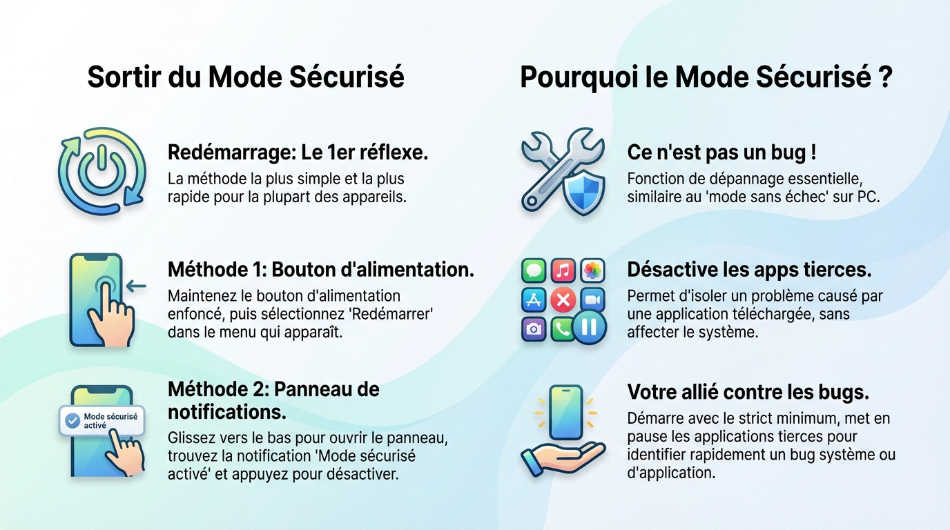 Illustration d'un smartphone Samsung affichant les options pour quitter le mode sécurisé via le redémarrage ou le panneau de notifications