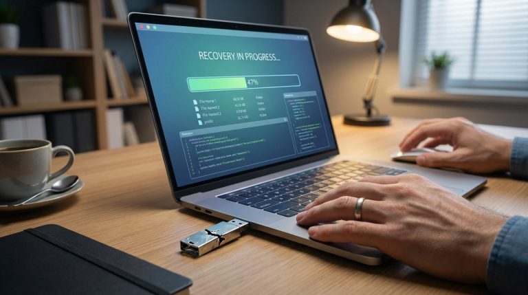 Person recovering data from a damaged USB drive on a laptop. Screen shows 'Recovery in Progress' at 47%. Hands on keyboard and mouse.