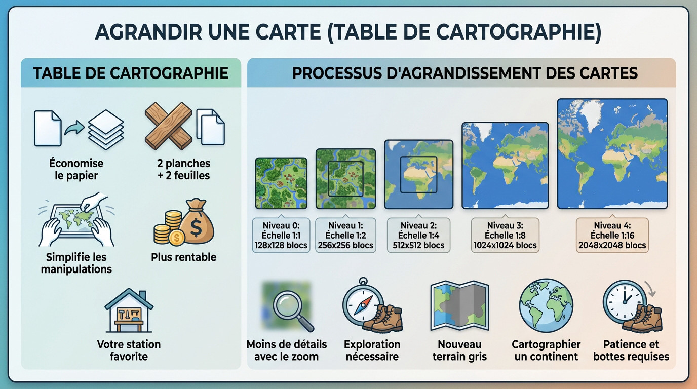 Interface de la table de cartographie pour agrandir une carte dans Minecraft