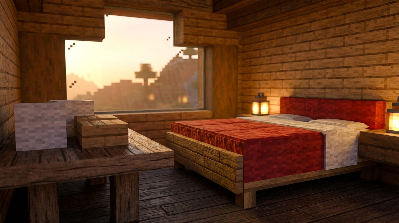 Intérieur Minecraft réaliste: chambre en bois avec lit rouge, draps blancs, lanternes. Coucher de soleil visible par la fenêtre.