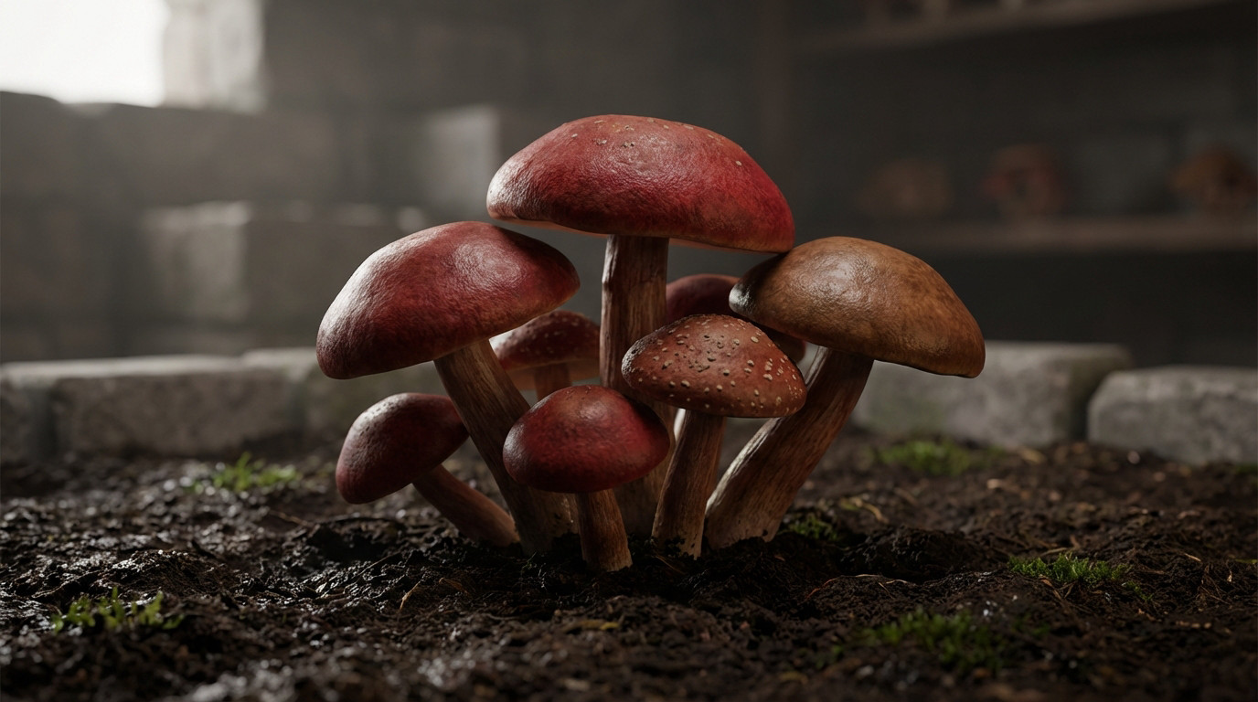 A close-up of vibrant red and brown mushrooms in dark, fertile soil, softly lit, with a blurred, game-like stone background.
