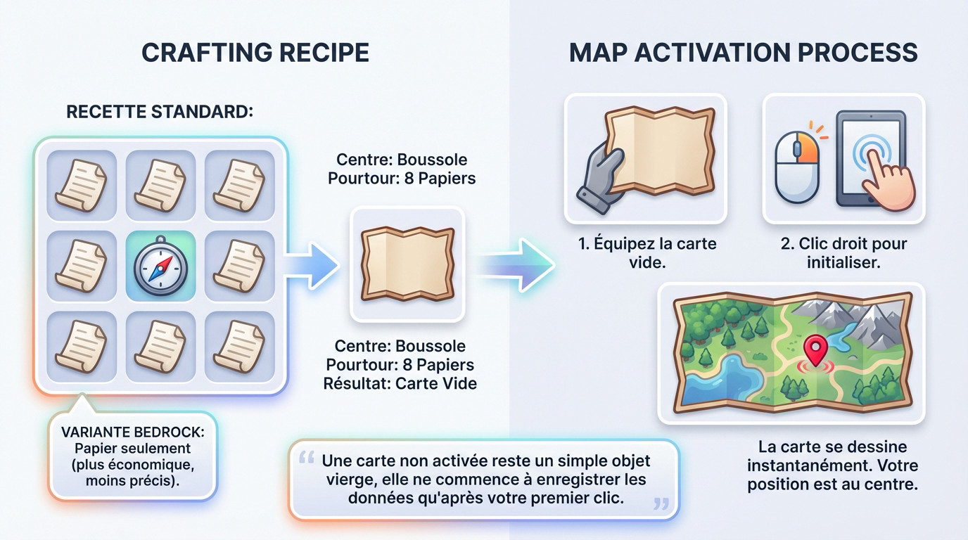 Schéma de fabrication d'une carte de localisation dans Minecraft avec boussole et papier
