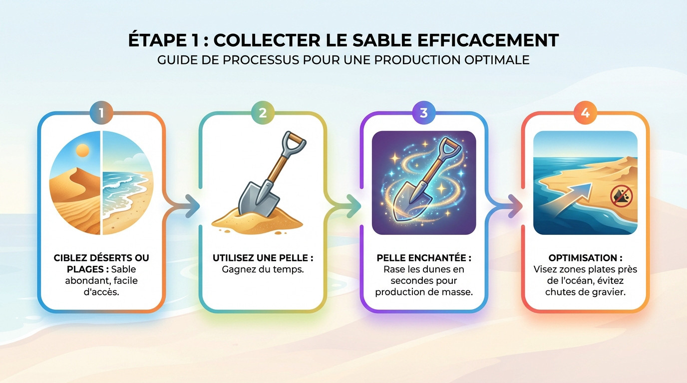 Joueur Minecraft utilisant une pelle pour collecter du sable dans un biome désert