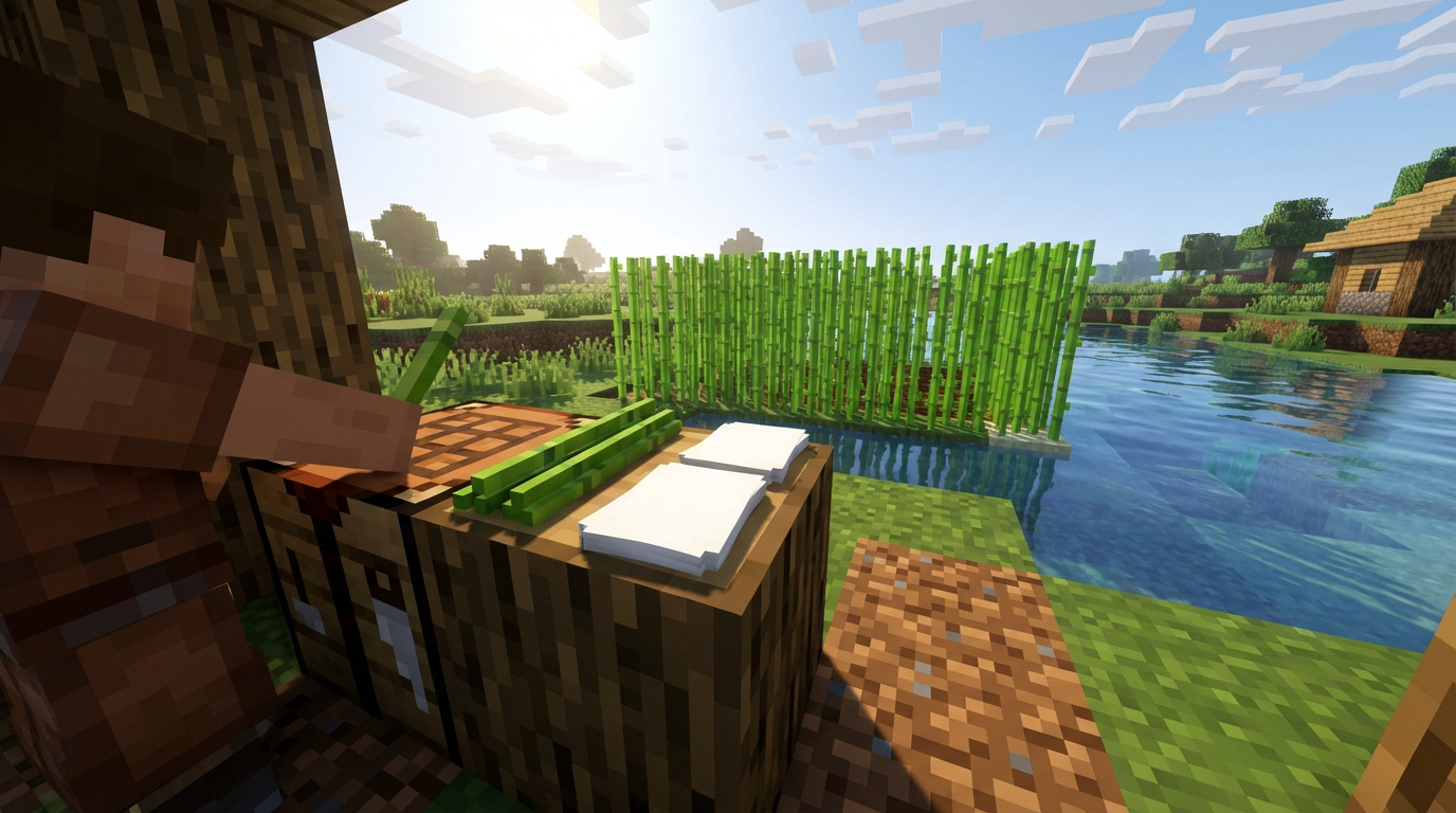 Vue d'un joueur Minecraft devant une table de fabrication, canne à sucre et papier, avec un champ de canne près d'une rivière.