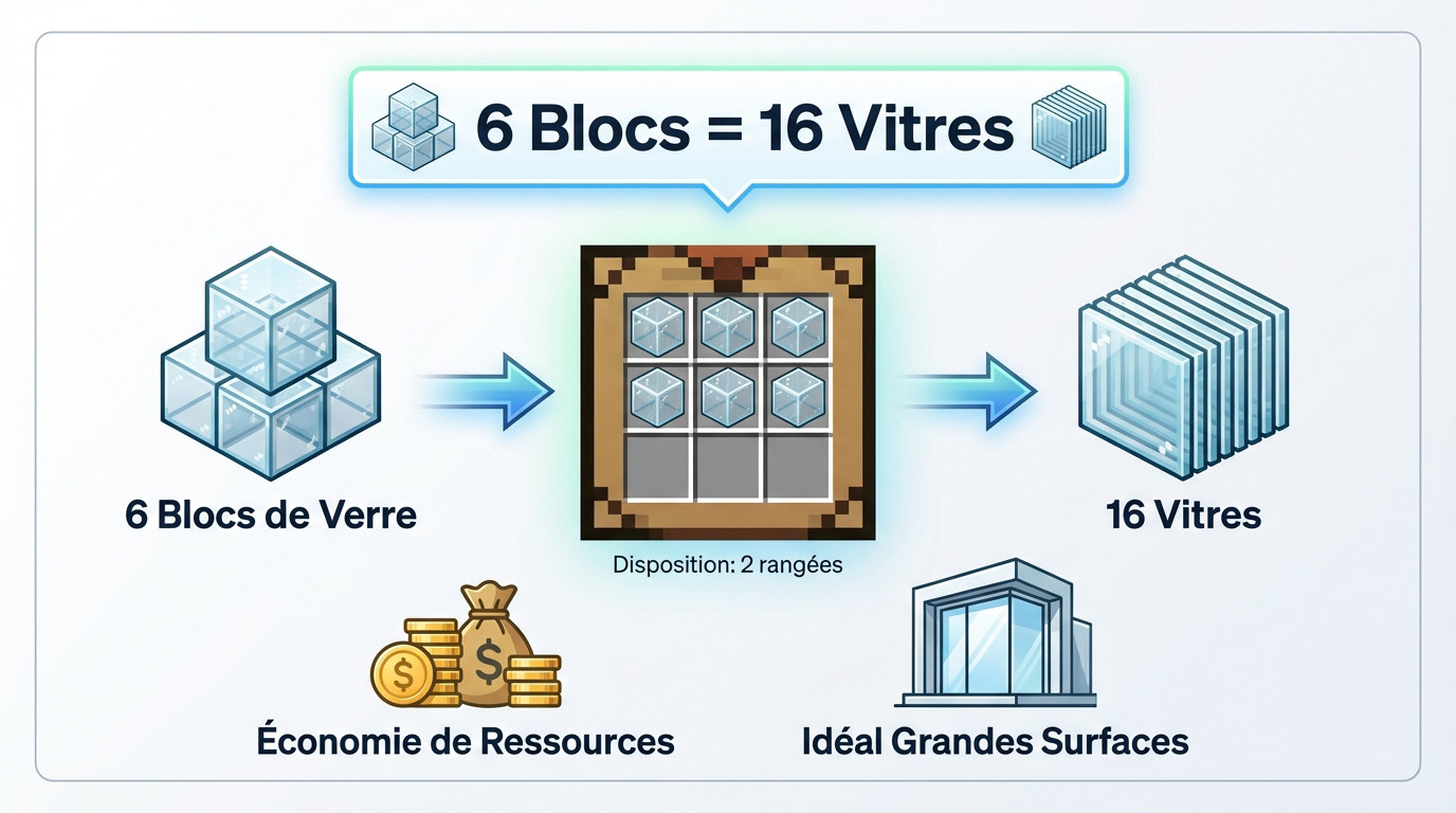 Schéma de fabrication des vitres Minecraft montrant l'efficacité et l'économie de ressources