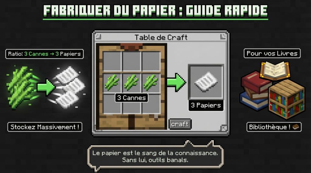 Infographie Minecraft montrant comment fabriquer du papier avec 3 cannes à sucre sur une table de craft, et son utilisation pour livres et bibliothèques.