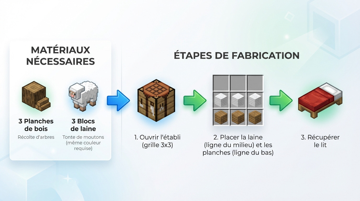 Schéma de fabrication d'un lit dans Minecraft avec de la laine et des planches