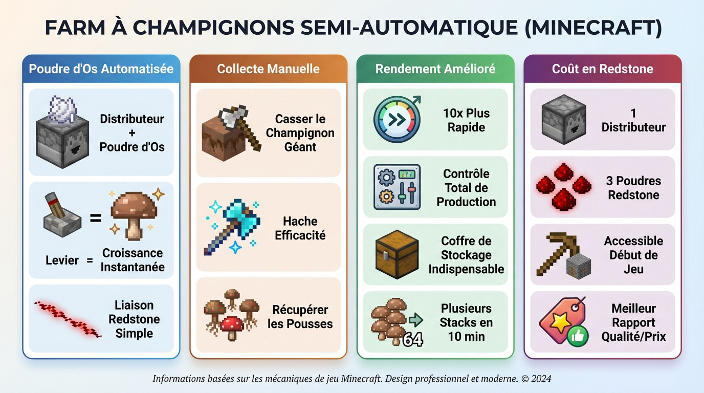 Ferme à champignons semi-automatique Minecraft avec distributeur et redstone