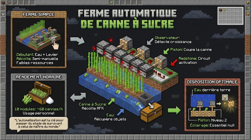 Infographie Minecraft comparant une ferme simple à une ferme automatique de canne à sucre, avec détails sur observers, pistons et Redstone.