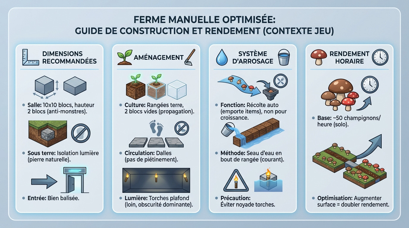 Schéma d'une ferme à champignons optimisée dans Minecraft avec espacement des rangées