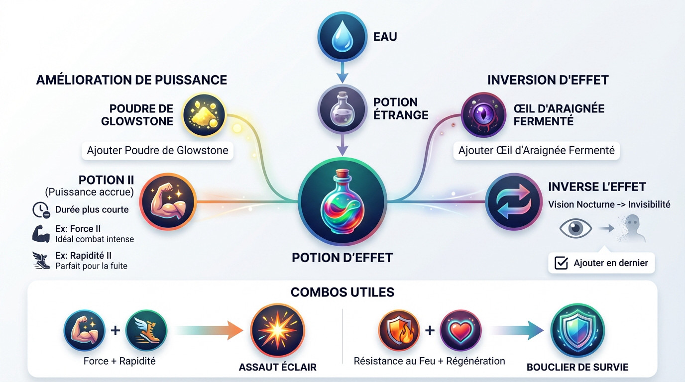 Guide visuel pour l'amélioration et la combinaison des potions dans Minecraft