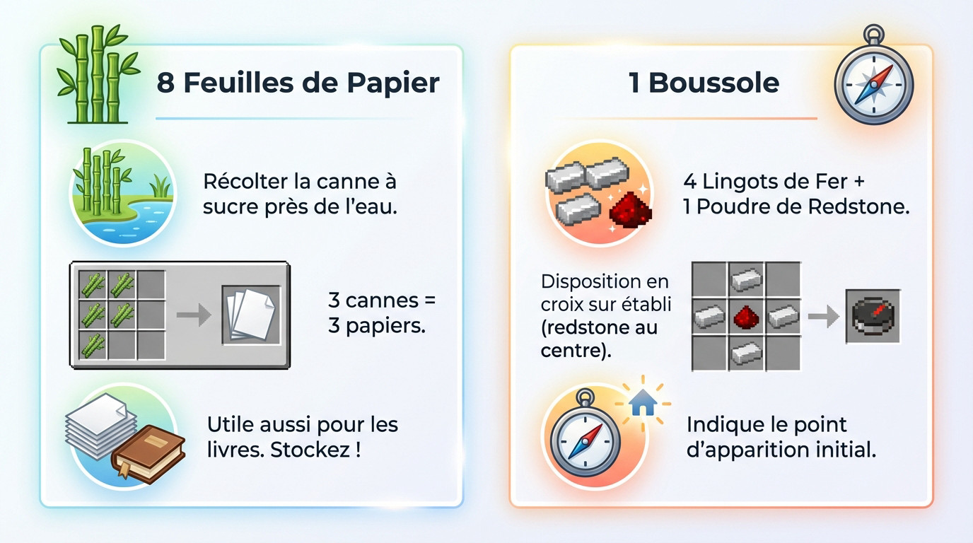 Recette de craft pour le papier et la boussole dans Minecraft