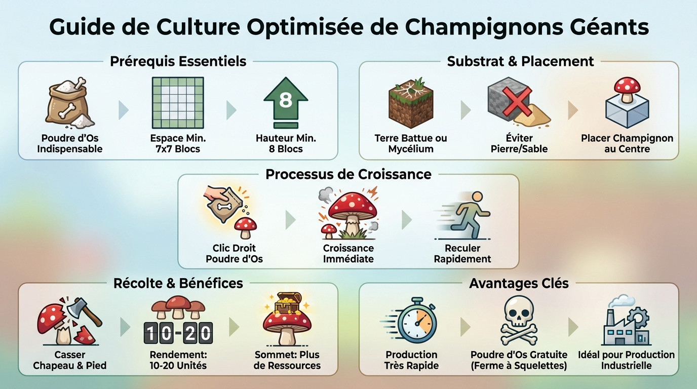 Guide visuel pour la culture optimisée de champignons géants dans Minecraft