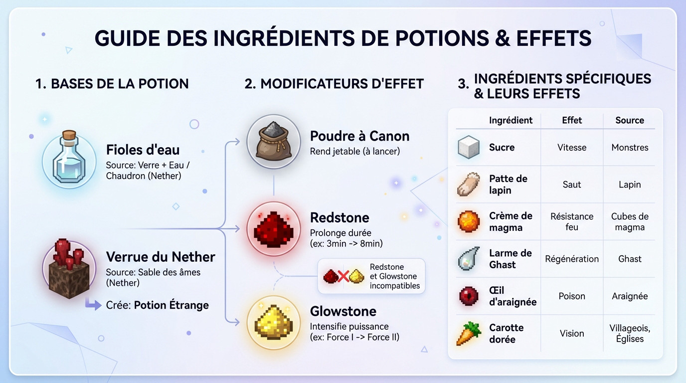 Guide visuel des ingrédients de potions et leurs effets dans Minecraft