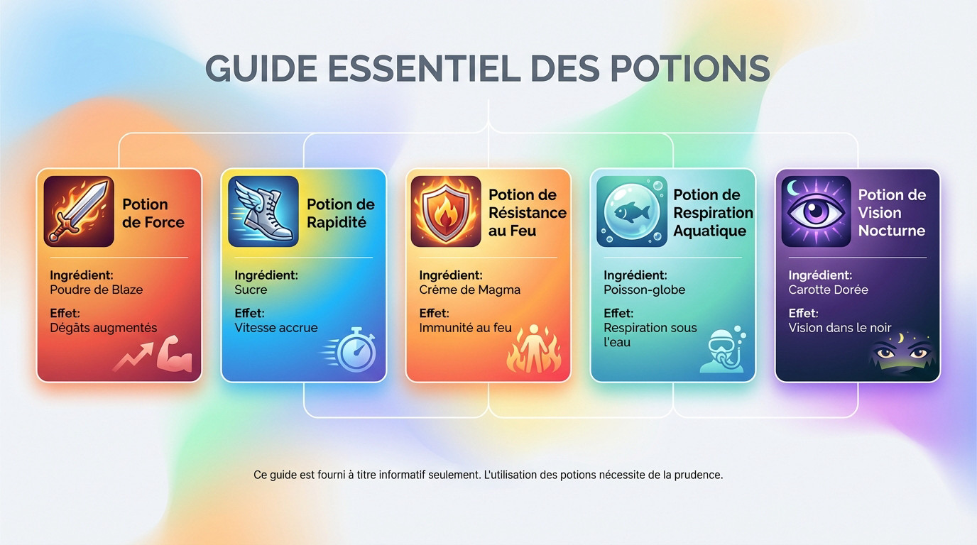 Schéma explicatif des recettes de potions Minecraft avec ingrédients et alambic