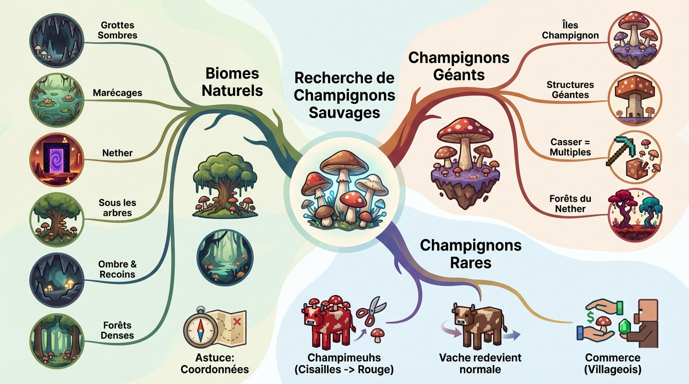 Guide infographique pour la recherche de champignons sauvages dans Minecraft