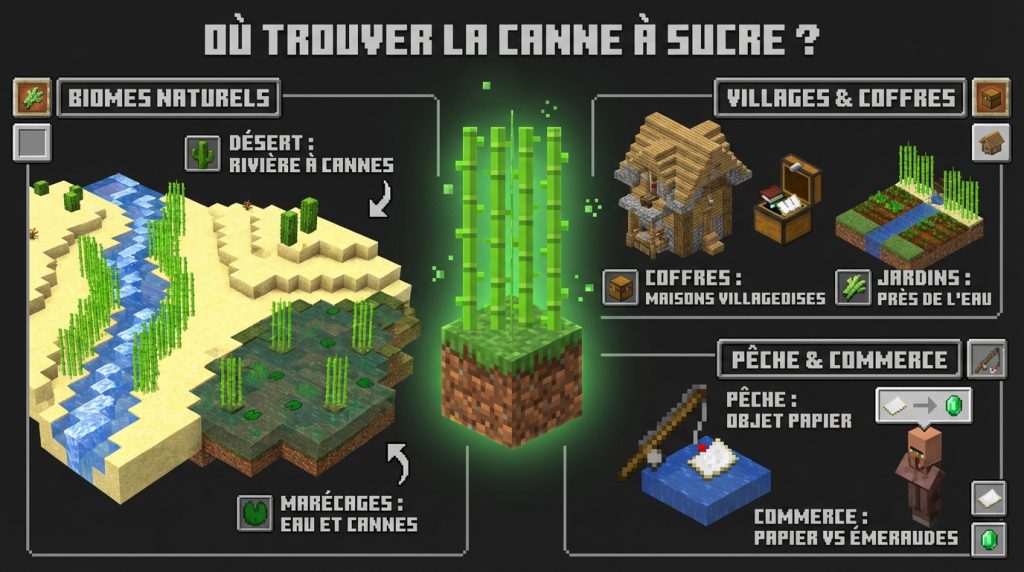 Infographie Minecraft montrant où trouver la canne à sucre dans les biomes, villages et coffres, plus comment obtenir du papier par pêche ou commerce.