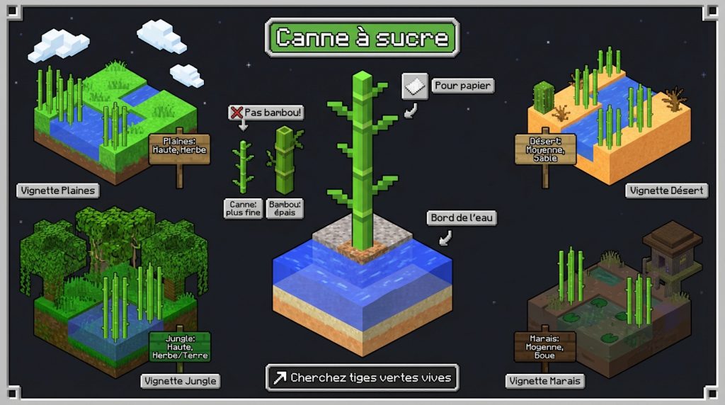 Diagramme Minecraft expliquant comment trouver la canne à sucre dans différents biomes (plaines, désert, jungle, marais) près de l'eau.