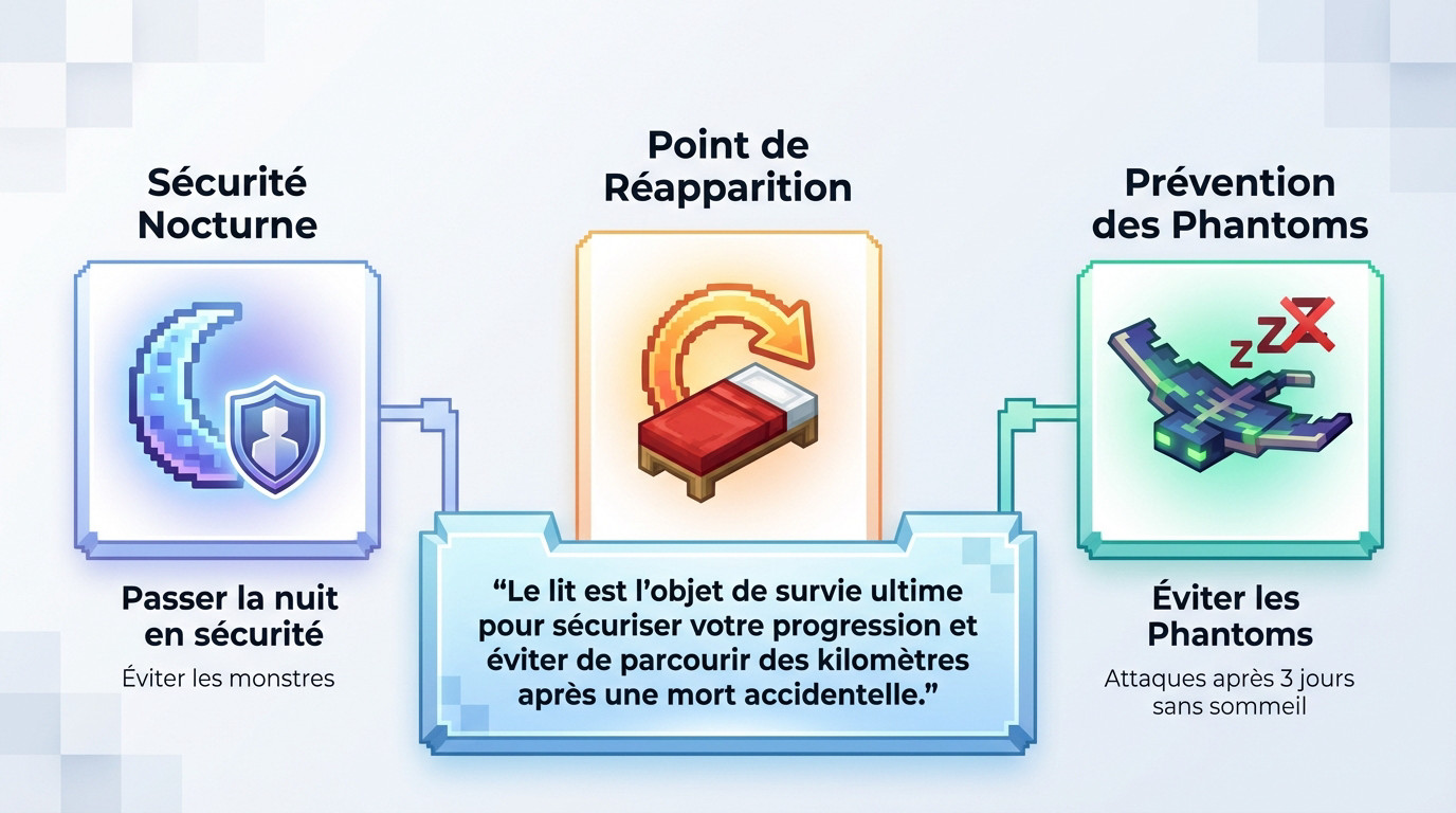 Un joueur Minecraft utilise un lit dans sa base pour définir son point de réapparition et passer la nuit en sécurité.