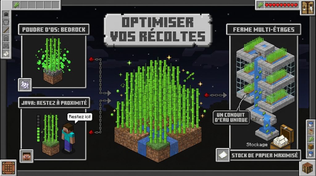 Infographie Minecraft expliquant l'optimisation de la récolte de canne à sucre. Inclut poudre d'os, proximité du joueur et une ferme automatisée.