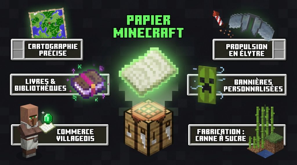 Infographie Minecraft sur le papier, montrant sa fabrication à partir de canne à sucre et ses utilisations : cartes, livres, bannières, élytres, commerce villageois.