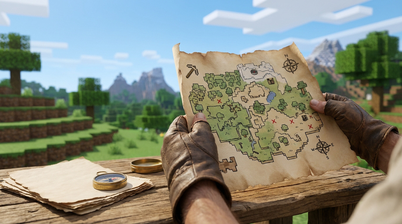 Des mains gantées tiennent une carte Minecraft vieillie avec des marques X rouges et une pioche, devant un paysage cubique. Une boussole est sur la table.