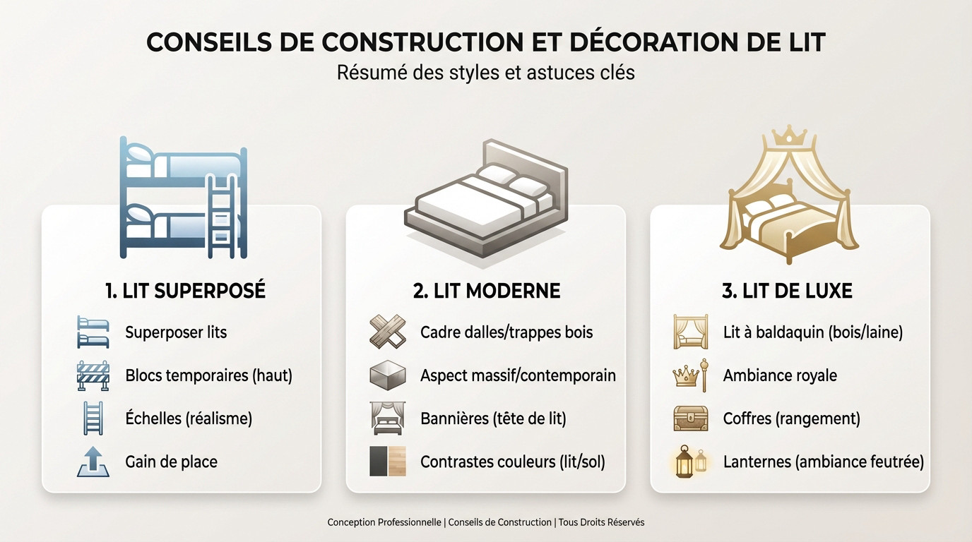 Exemples de designs de lits décorés dans Minecraft avec styles superposés et modernes