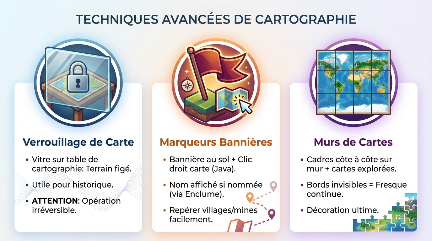 Interface de la table de cartographie Minecraft avec une carte et une vitre pour le verrouillage