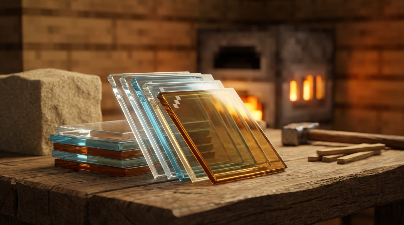 Vues rapprochées de vitres Minecraft transparentes, bleues et oranges sur une table en bois, avec un fourneau et du sable en arrière-plan.